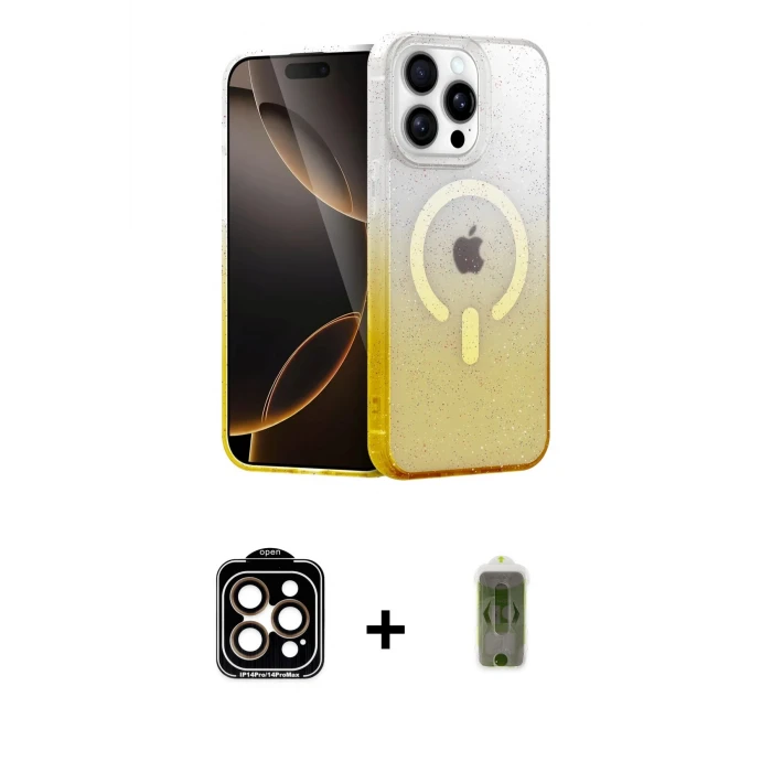 ieg™ iPhone 14 Pro Max Kılıf Eksen Minimal Özel Seri - Siyah Joko Magic 5D Hayalet Cam + Turuncu PVD Metal Kamera Lens