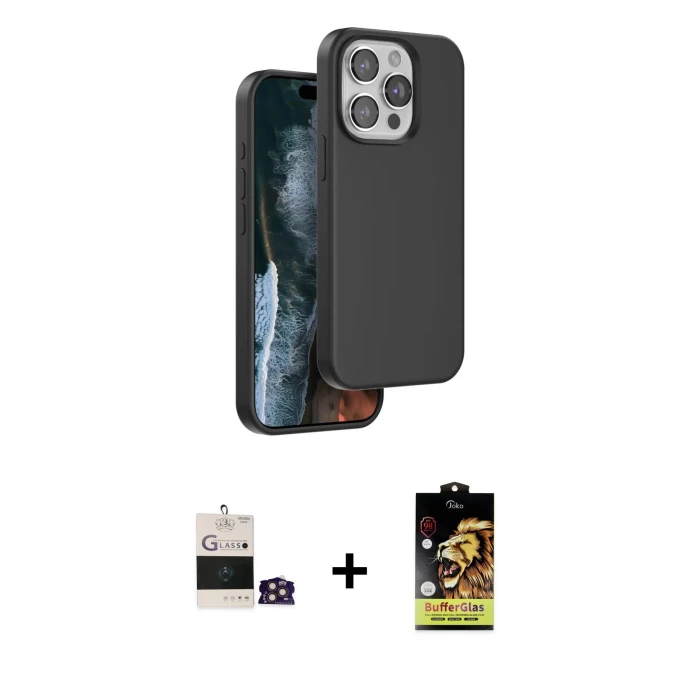 ieg™ iPhone 14 Pro Max Kılıf Kıvılcım Çizgi Serisi - Siyah Buffer Cam Ekran Koruyucu + Bilvis Titan Kamera Lens - GD