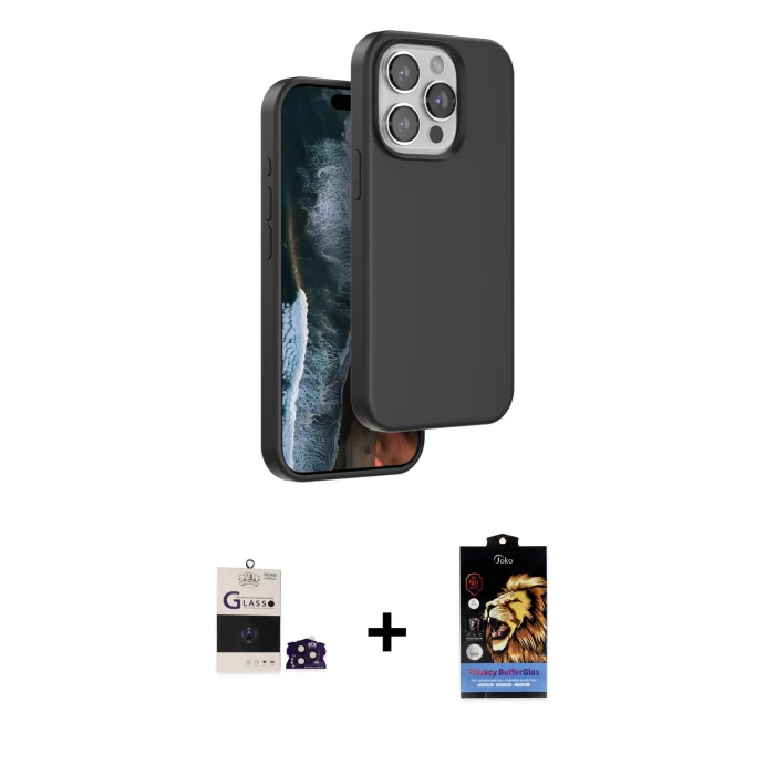 ieg™ iPhone 14 Pro Max Kılıf Kıvılcım Çizgi Serisi - Siyah Buffer Hayalet Cam Ekran Koruyucu + Bilvis Titan Kamera Lens - DNMR