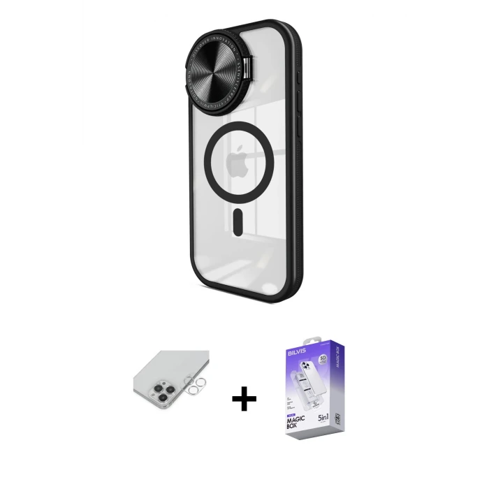 ieg™ iPhone 14 Pro Max Kılıf Kıvılcım Modern Koleksiyonu - Siyah Bilvis 5in1 3D Magic Cam Ekran Koruyucu + Band Metal Kamera Lens - GS