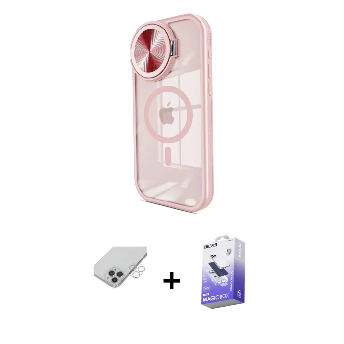 ieg™ iPhone 14 Pro Max Kılıf Kıvılcım Modern Koleksiyonu - Siyah Bilvis 5in1 5D Magic Hayalet Cam Ekran Koruyucu + Band Metal Kamera Lens - GS