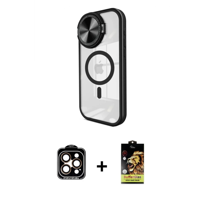 ieg™ iPhone 14 Pro Max Kılıf Kıvılcım Modern Koleksiyonu - Siyah Buffer Cam Ekran Koruyucu + Turuncu PVD Metal Kamera Lens