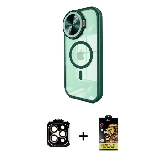 ieg™ iPhone 14 Pro Max Kılıf Kıvılcım Modern Koleksiyonu - Siyah Buffer Cam Ekran Koruyucu + Turuncu PVD Metal Kamera Lens