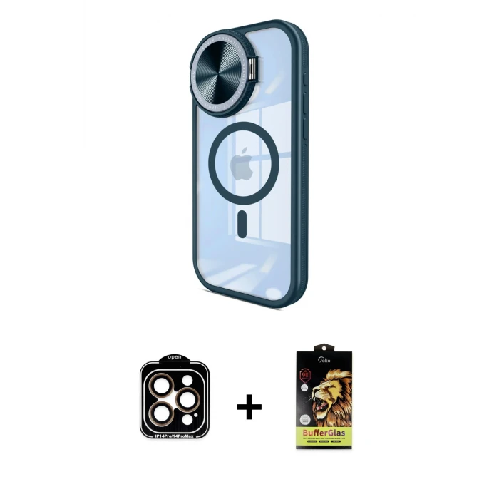 ieg™ iPhone 14 Pro Max Kılıf Kıvılcım Modern Koleksiyonu - Siyah Buffer Cam Ekran Koruyucu + Turuncu PVD Metal Kamera Lens