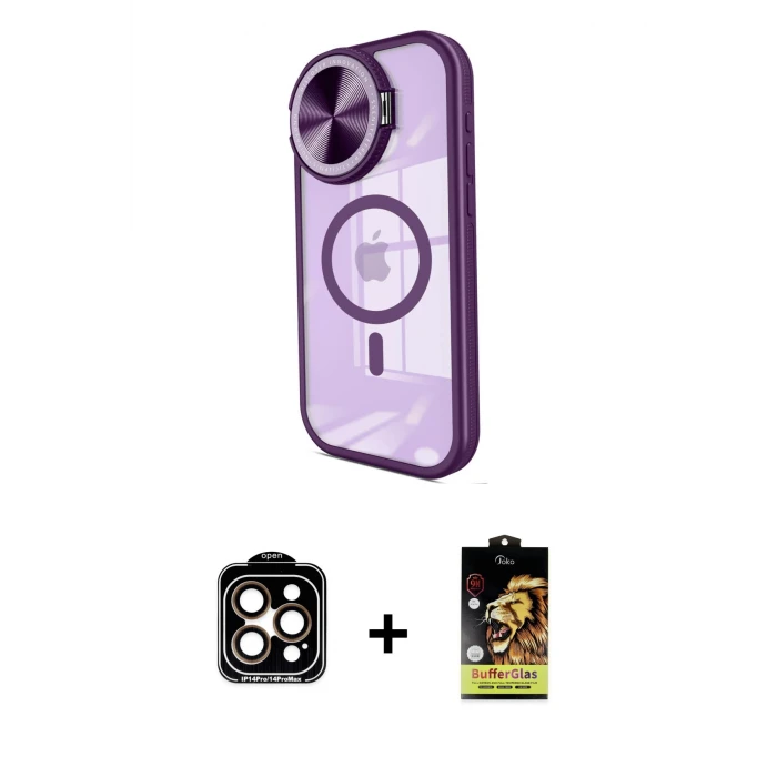 ieg™ iPhone 14 Pro Max Kılıf Kıvılcım Modern Koleksiyonu - Siyah Buffer Cam Ekran Koruyucu + Turuncu PVD Metal Kamera Lens