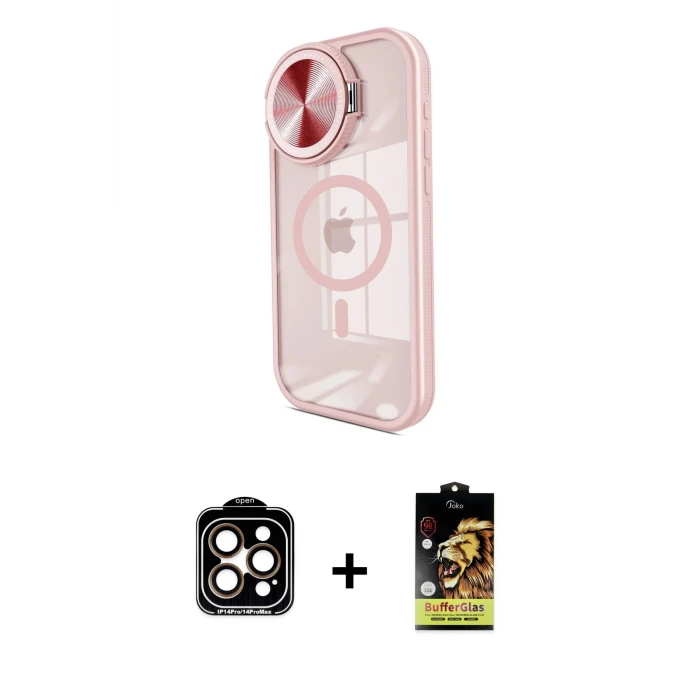 ieg™ iPhone 14 Pro Max Kılıf Kıvılcım Modern Koleksiyonu - Siyah Buffer Cam Ekran Koruyucu + Turuncu PVD Metal Kamera Lens