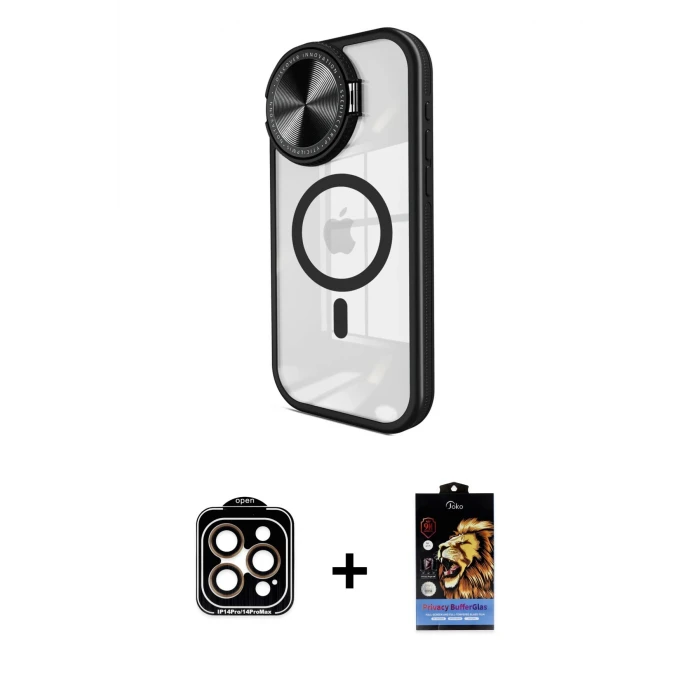 ieg™ iPhone 14 Pro Max Kılıf Kıvılcım Modern Koleksiyonu - Siyah Buffer Hayalet Cam Ekran Koruyucu + PVD Metal Kamera Lens - TU