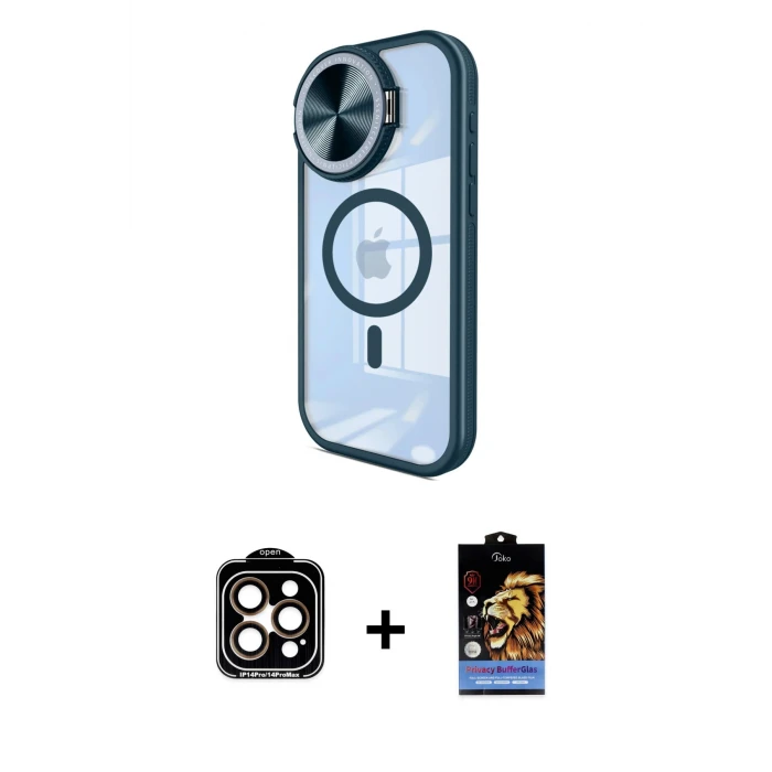 ieg™ iPhone 14 Pro Max Kılıf Kıvılcım Modern Koleksiyonu - Siyah Buffer Hayalet Cam Ekran Koruyucu + PVD Metal Kamera Lens - TU