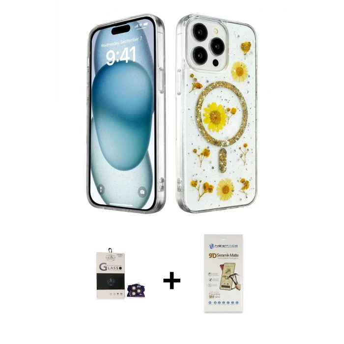 ieg™ iPhone 14 Pro Max Kılıf Kozmos Doku - Siyah Mat Seramik Nano Ekran Koruyucu + Bilvis Titan Kamera Lens - GD