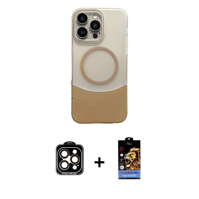 ieg™ iPhone 14 Pro Max Kılıf Kozmos Form Özel Seri - Siyah Buffer Hayalet Cam Ekran Koruyucu + Turuncu PVD Metal Kamera Lens
