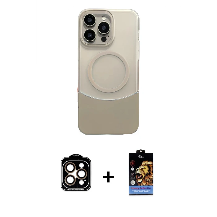 ieg™ iPhone 14 Pro Max Kılıf Kozmos Form Özel Seri - Siyah Buffer Hayalet Cam Ekran Koruyucu + Turuncu PVD Metal Kamera Lens
