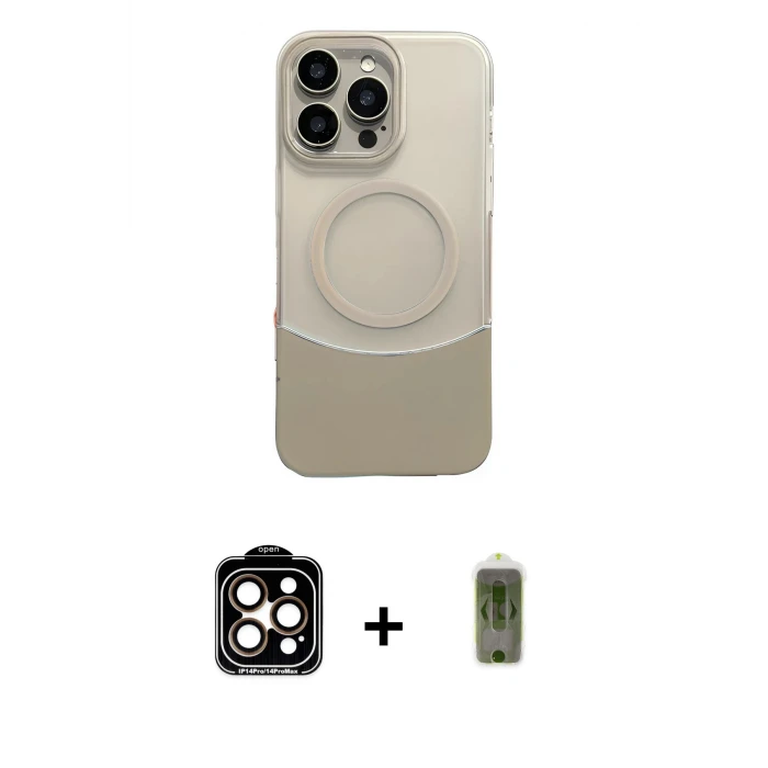 ieg™ iPhone 14 Pro Max Kılıf Kozmos Form Özel Seri - Siyah Joko Magic 5D Hayalet Cam + Turuncu PVD Metal Kamera Lens