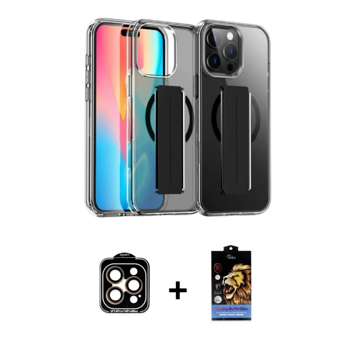 ieg™ iPhone 14 Pro Max Kılıf Nova Işık Koleksiyonu - Siyah Buffer Hayalet Cam Ekran Koruyucu + Turuncu PVD Metal Kamera Lens