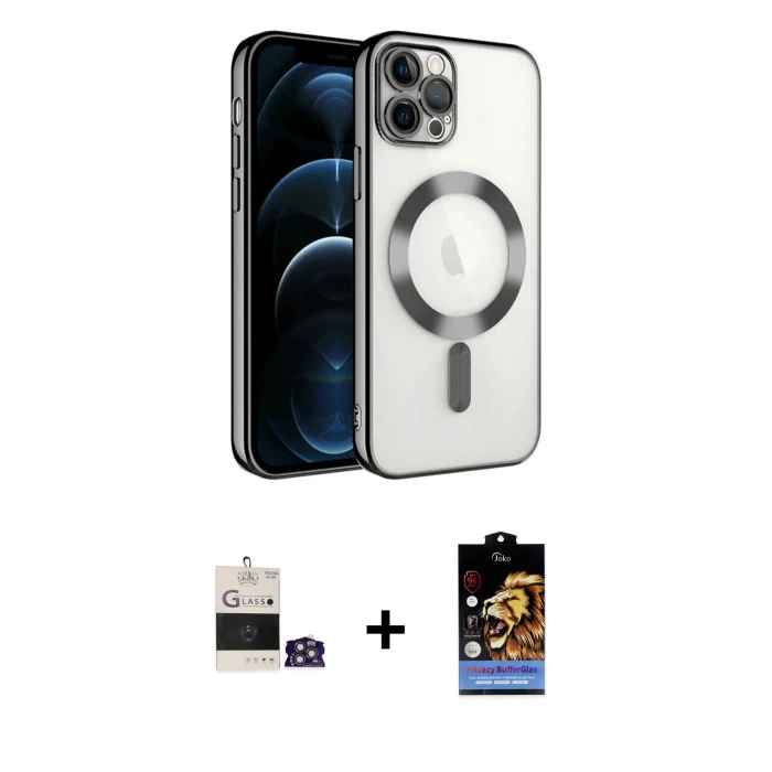 ieg™ iPhone 14 Pro Max Kılıf Nova Işık Özel Seri - Siyah Buffer Hayalet Cam Ekran Koruyucu + Gümüş Bilvis Titan Kamera Lens