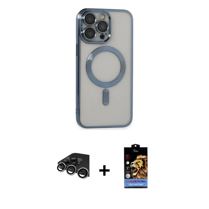 ieg™ iPhone 14 Pro Max Kılıf Nova Işık Özel Seri - Siyah Buffer Hayalet Cam Ekran Koruyucu + Gümüş Raze Metal Kamera Lens