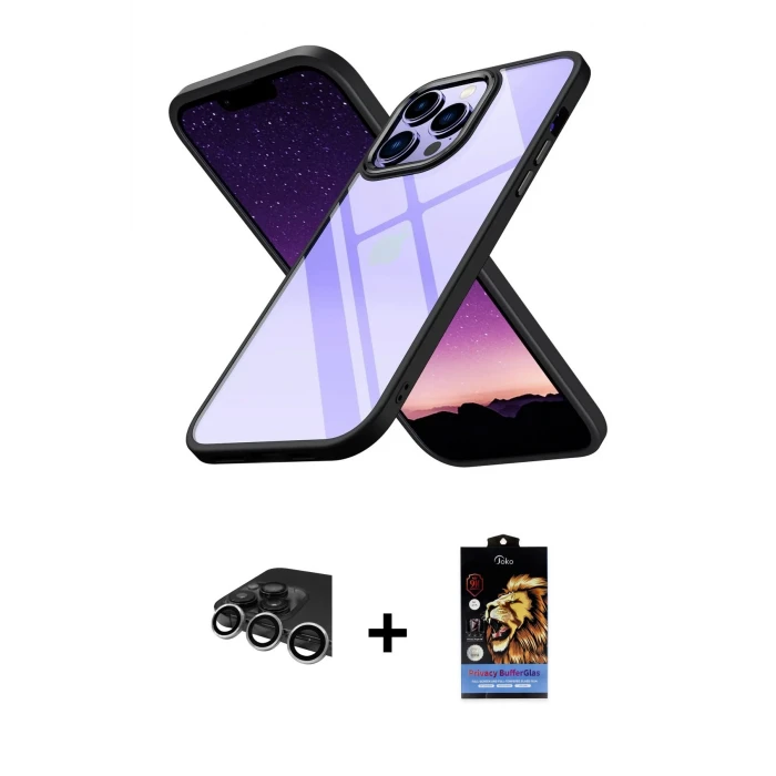ieg™ iPhone 14 Pro Max Kılıf Nova Işık Serisi - Siyah Buffer Hayalet Cam Ekran Koruyucu + Gümüş Raze Metal Kamera Lens