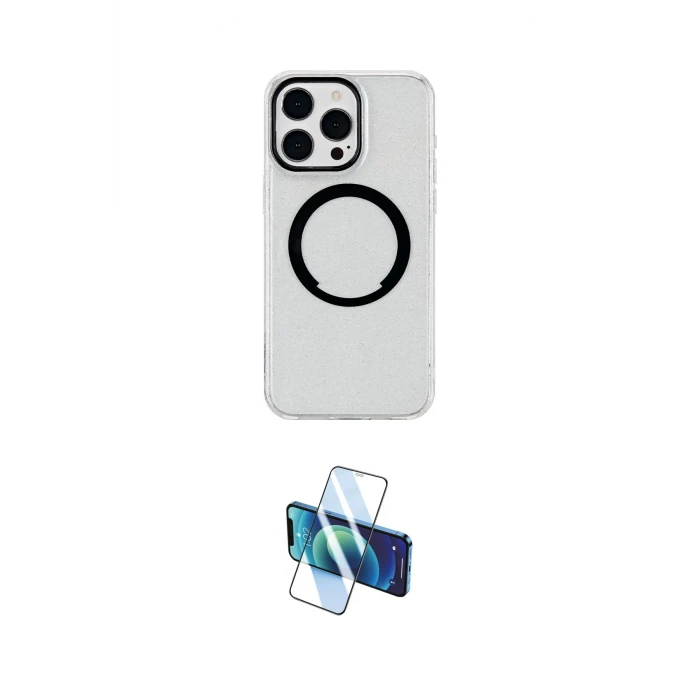 ieg™ iPhone 14 Pro Max Kılıf Pusula Form - Siyah 3D Antistatik Cam Ekran Koruyucu