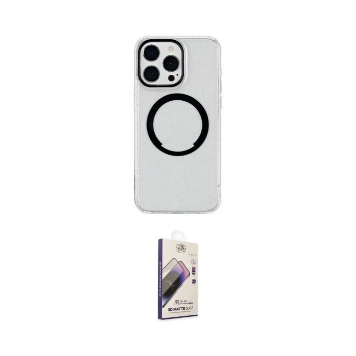 ieg™ iPhone 14 Pro Max Kılıf Pusula Form - Siyah Bilvis 3D Mat Cam Ekran Koruyucu