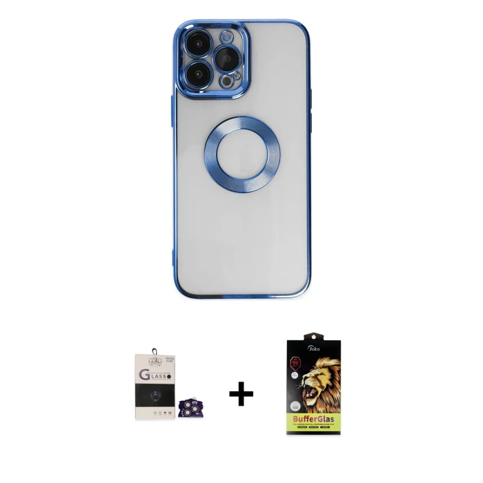 ieg™ iPhone 14 Pro Max Kılıf Pusula Form - Siyah Buffer Cam Ekran Koruyucu + Bilvis Titan Kamera Lens - GS