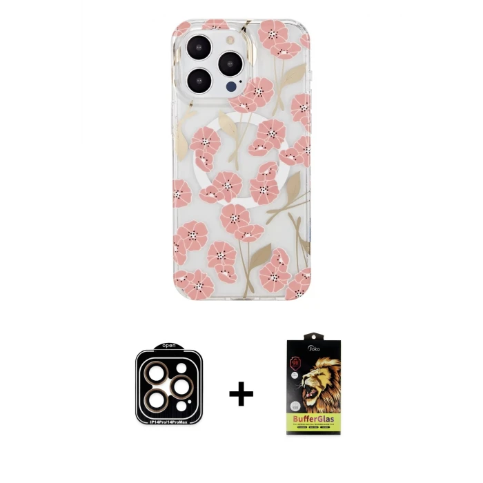 ieg™ iPhone 14 Pro Max Kılıf Pusula Form - Siyah Buffer Cam Ekran Koruyucu + Turuncu PVD Metal Kamera Lens