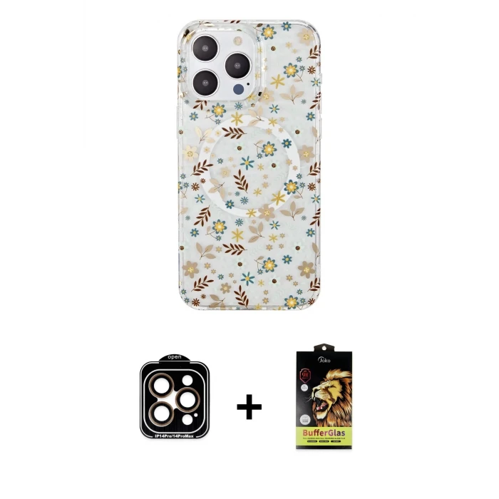 ieg™ iPhone 14 Pro Max Kılıf Pusula Form - Siyah Buffer Cam Ekran Koruyucu + Turuncu PVD Metal Kamera Lens