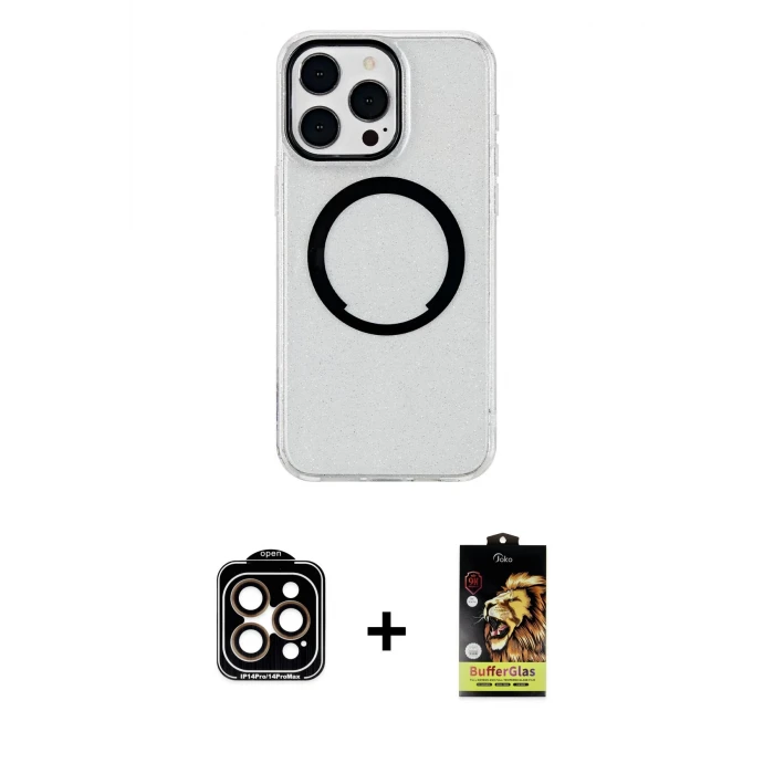 ieg™ iPhone 14 Pro Max Kılıf Pusula Form - Siyah Buffer Cam Ekran Koruyucu + Turuncu PVD Metal Kamera Lens