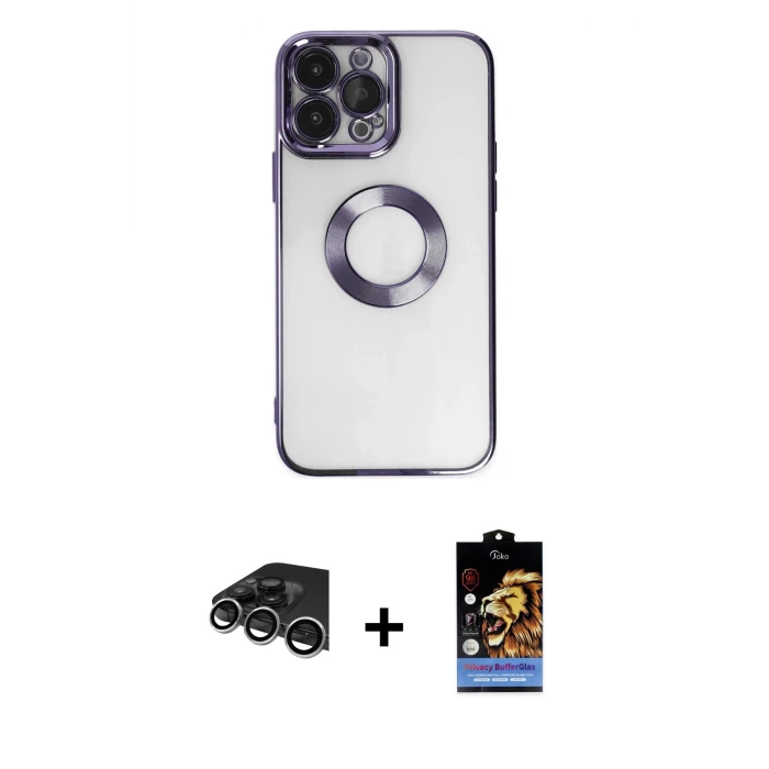 ieg™ iPhone 14 Pro Max Kılıf Pusula Form - Siyah Buffer Hayalet Cam Ekran Koruyucu + Raze Metal Kamera Lens - GS