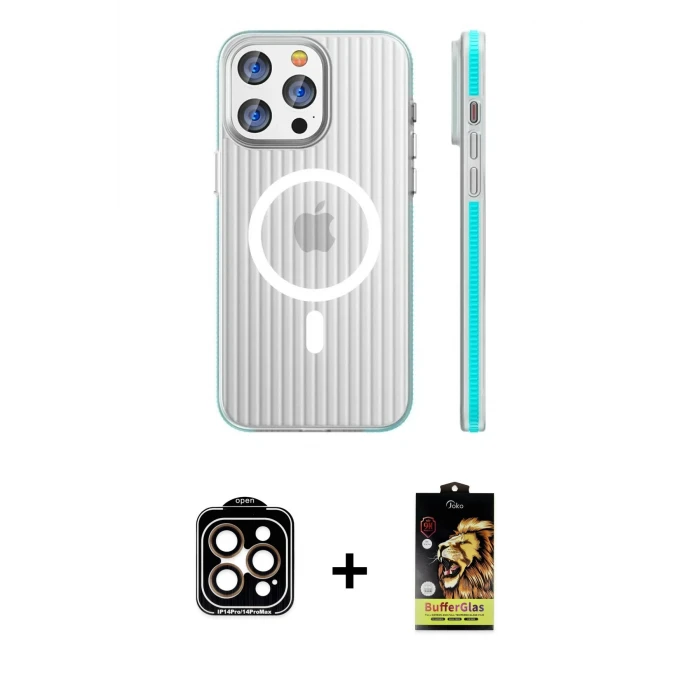ieg™ iPhone 14 Pro Max Kılıf Pusula Minimal Koleksiyonu - Siyah Buffer Cam Ekran Koruyucu + Turuncu PVD Metal Kamera Lens