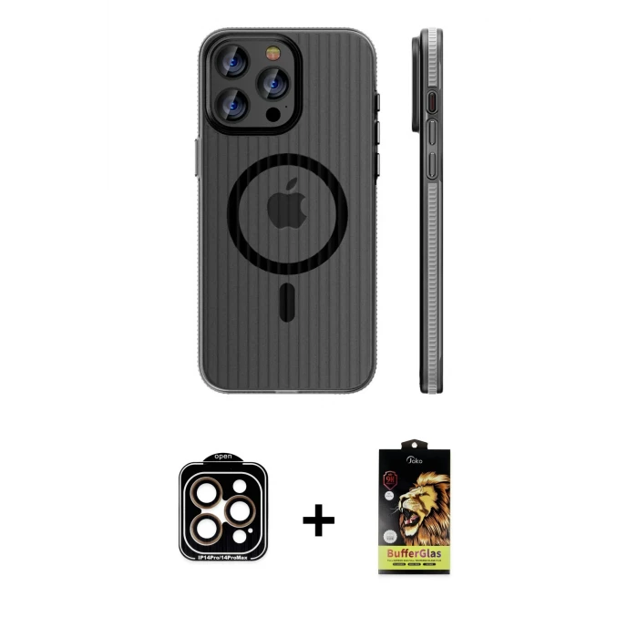 ieg™ iPhone 14 Pro Max Kılıf Pusula Minimal Koleksiyonu - Siyah Buffer Cam Ekran Koruyucu + Turuncu PVD Metal Kamera Lens