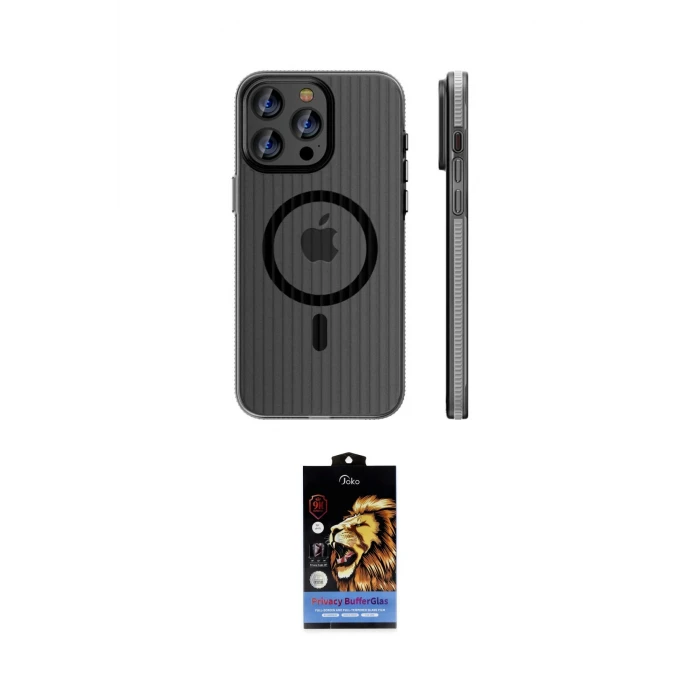 ieg™ iPhone 14 Pro Max Kılıf Pusula Minimal Koleksiyonu - Siyah Buffer Hayalet Cam Ekran Koruyucu