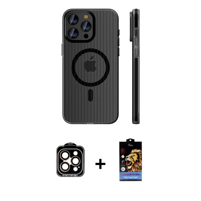 ieg™ iPhone 14 Pro Max Kılıf Pusula Minimal Koleksiyonu - Siyah Buffer Hayalet Cam Ekran Koruyucu + PVD Metal Kamera Lens - TU