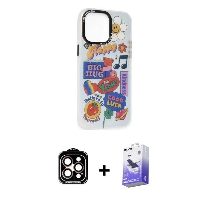 ieg™ iPhone 14 Pro Max Kılıf Siluet Çizgi Koleksiyonu - Siyah Bilvis 5in1 5D Magic Hayalet Cam Ekran Koruyucu + PVD Metal Kamera Lens - TU