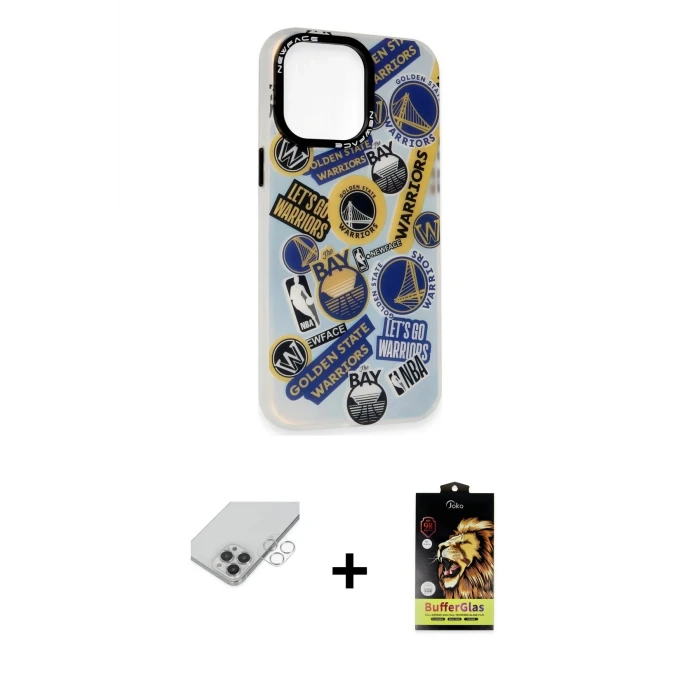 ieg™ iPhone 14 Pro Max Kılıf Siluet Çizgi Koleksiyonu - Siyah Buffer Cam Ekran Koruyucu + Band Metal Kamera Lens - GS