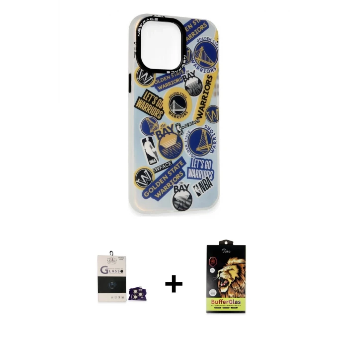 ieg™ iPhone 14 Pro Max Kılıf Siluet Çizgi Koleksiyonu - Siyah Buffer Cam Ekran Koruyucu + Gold Bilvis Titan Kamera Lens