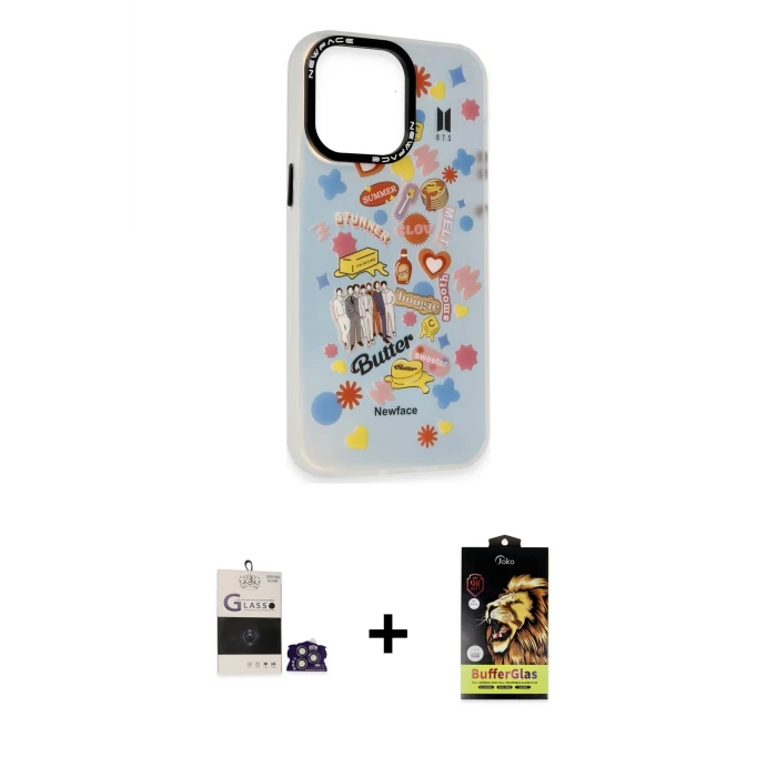 ieg™ iPhone 14 Pro Max Kılıf Siluet Çizgi Koleksiyonu - Siyah Buffer Cam Ekran Koruyucu + Gümüş Bilvis Titan Kamera Lens