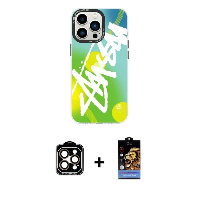 ieg™ iPhone 14 Pro Max Kılıf Siluet Çizgi Koleksiyonu - Siyah Buffer Hayalet Cam Ekran Koruyucu + Turuncu PVD Metal Kamera Lens