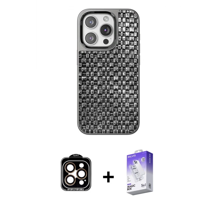 ieg™ iPhone 14 Pro Max Kılıf Siluet Form Serisi - Siyah Bilvis 5in1 3D Magic Cam Ekran Koruyucu + PVD Metal Kamera Lens - TU