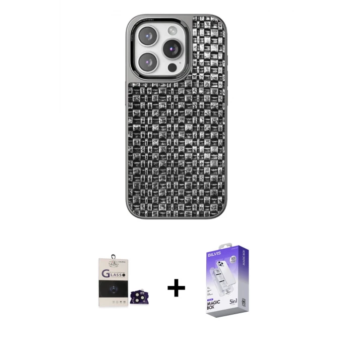 ieg™ iPhone 14 Pro Max Kılıf Siluet Form Serisi - Siyah Bilvis 5in1 3D Magic Cam Ekran Koruyucu + Siyah Bilvis Titan Kamera Lens