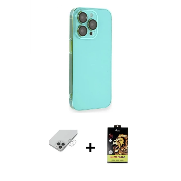 ieg™ iPhone 14 Pro Max Kılıf Siluet Minimal Özel Seri - Siyah Buffer Cam Ekran Koruyucu + Gümüş Band Metal Kamera Lens