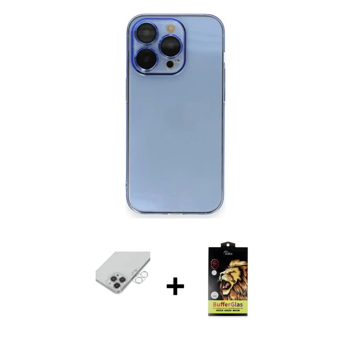 ieg™ iPhone 14 Pro Max Kılıf Siluet Minimal Özel Seri - Siyah Buffer Cam Ekran Koruyucu + Gümüş Band Metal Kamera Lens