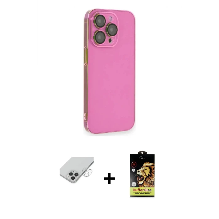 ieg™ iPhone 14 Pro Max Kılıf Siluet Minimal Özel Seri - Siyah Buffer Cam Ekran Koruyucu + Gümüş Band Metal Kamera Lens