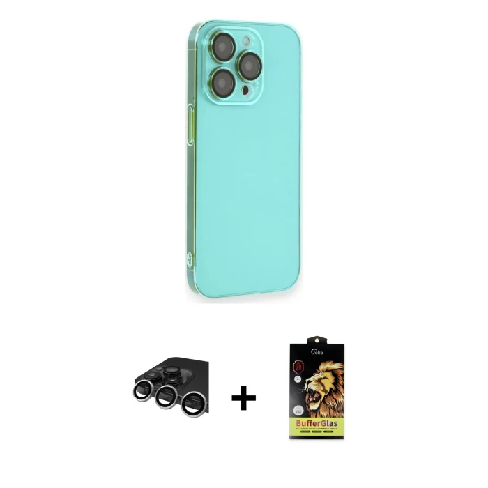 ieg™ iPhone 14 Pro Max Kılıf Siluet Minimal Özel Seri - Siyah Buffer Cam Ekran Koruyucu + Gümüş Raze Metal Kamera Lens