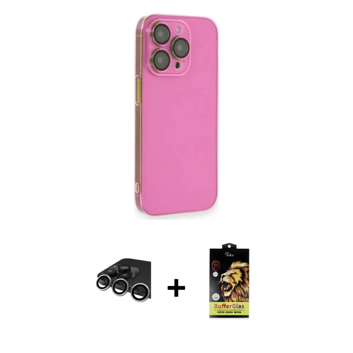 ieg™ iPhone 14 Pro Max Kılıf Siluet Minimal Özel Seri - Siyah Buffer Cam Ekran Koruyucu + Gümüş Raze Metal Kamera Lens