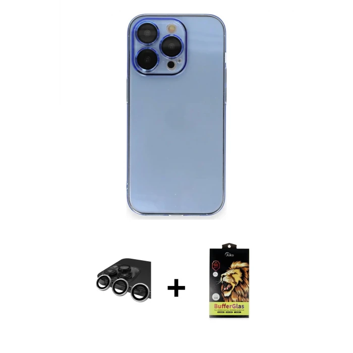 ieg™ iPhone 14 Pro Max Kılıf Siluet Minimal Özel Seri - Siyah Buffer Cam Ekran Koruyucu + Gümüş Raze Metal Kamera Lens