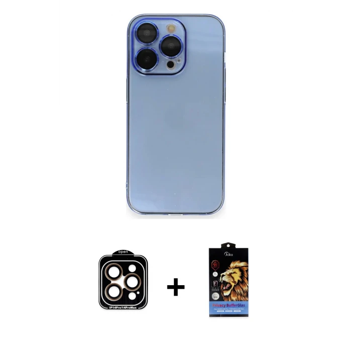ieg™ iPhone 14 Pro Max Kılıf Siluet Minimal Özel Seri - Siyah Buffer Hayalet Cam Ekran Koruyucu + Turuncu PVD Metal Kamera Lens