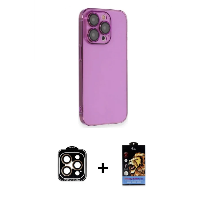 ieg™ iPhone 14 Pro Max Kılıf Siluet Minimal Özel Seri - Siyah Buffer Hayalet Cam Ekran Koruyucu + Turuncu PVD Metal Kamera Lens