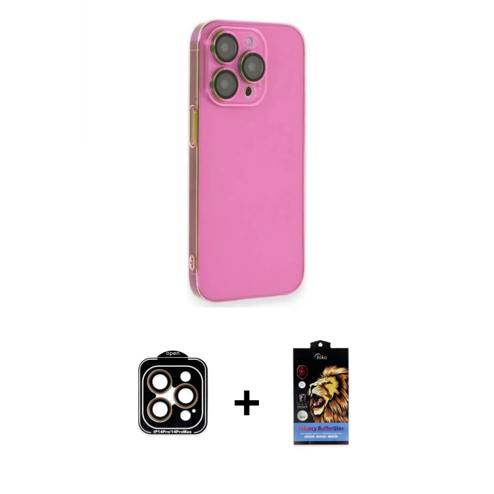 ieg™ iPhone 14 Pro Max Kılıf Siluet Minimal Özel Seri - Siyah Buffer Hayalet Cam Ekran Koruyucu + Turuncu PVD Metal Kamera Lens
