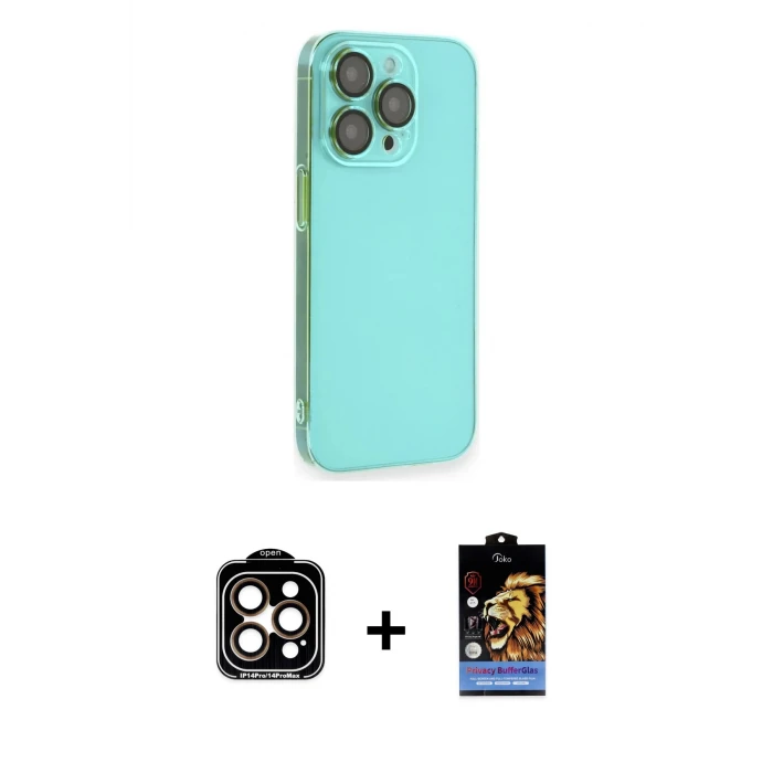 ieg™ iPhone 14 Pro Max Kılıf Siluet Minimal Özel Seri - Siyah Buffer Hayalet Cam Ekran Koruyucu + Turuncu PVD Metal Kamera Lens