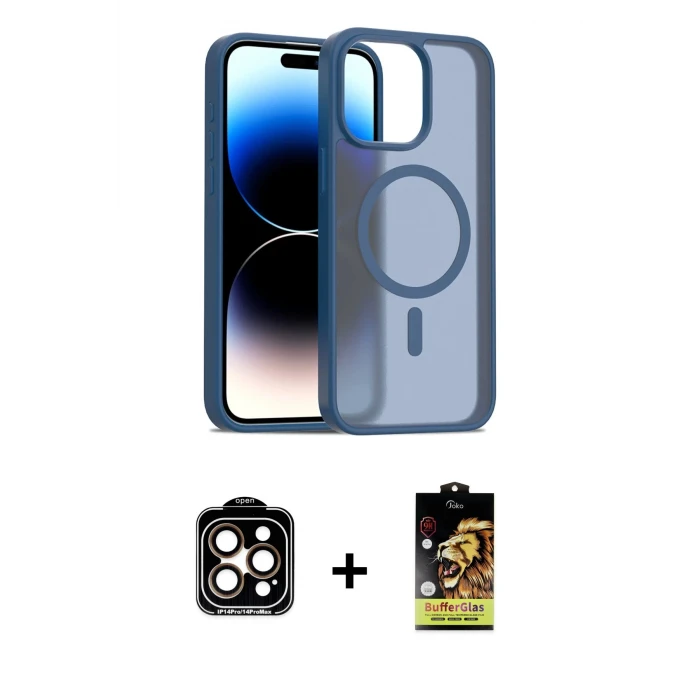 ieg™ iPhone 14 Pro Max Kılıf Siluet Minimal Prime - Siyah Buffer Cam Ekran Koruyucu + Turuncu PVD Metal Kamera Lens