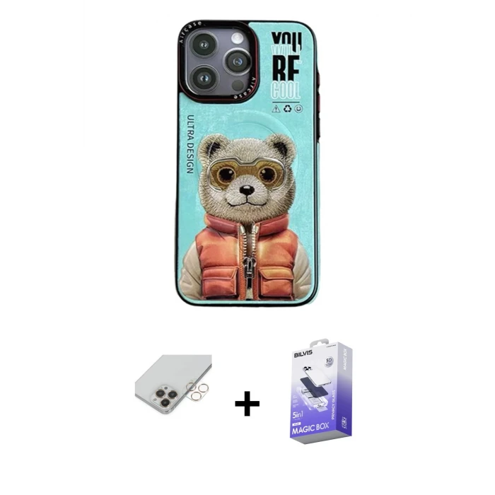 ieg™ iPhone 14 Pro Max Kılıf Siluet Modern Özel Seri - Siyah Bilvis 5in1 5D Magic Hayalet Cam Ekran Koruyucu + Gold Band Metal Kamera Lens